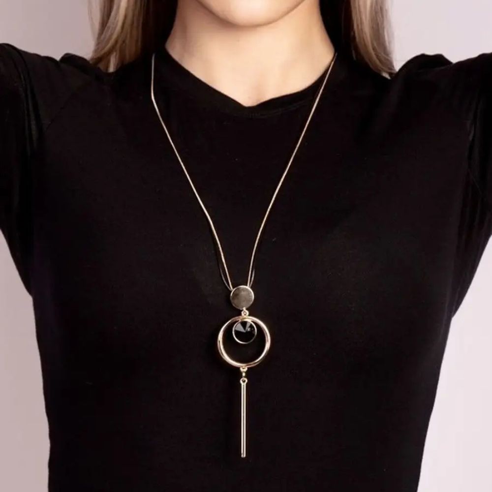 Gold-Tone Long Pendant Necklace with Black Crystal