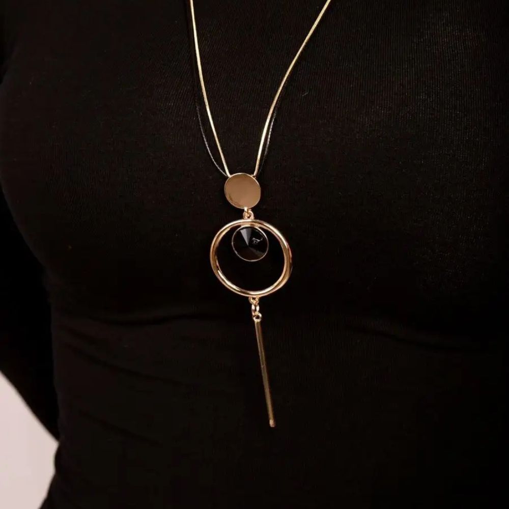 Gold-Tone Long Pendant Necklace with Black Crystal