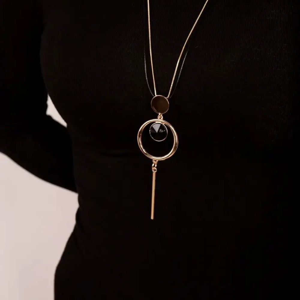 Gold-Tone Long Pendant Necklace with Black Crystal